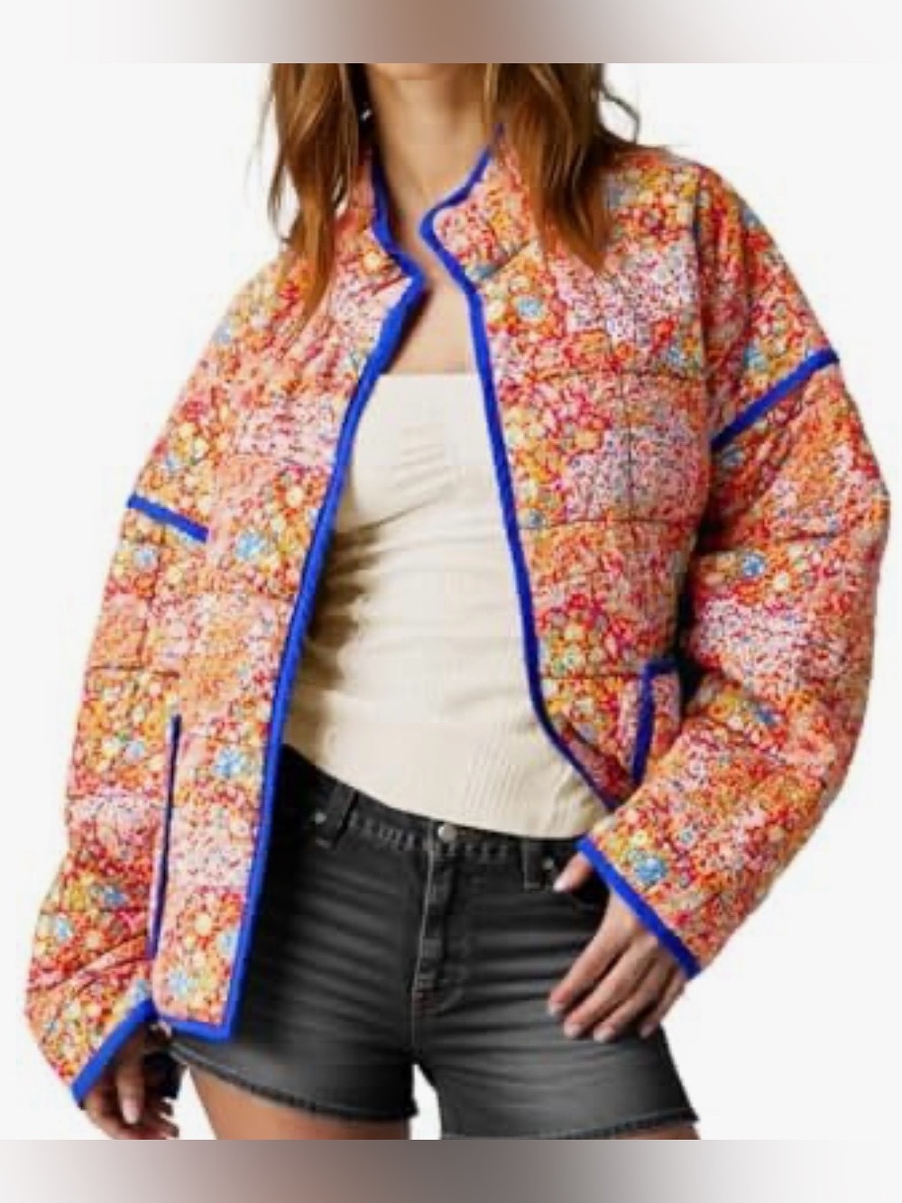 Woman’s L Cropped Quilted Floral Print Jacket. Open Front, Pockets. Asian, Color